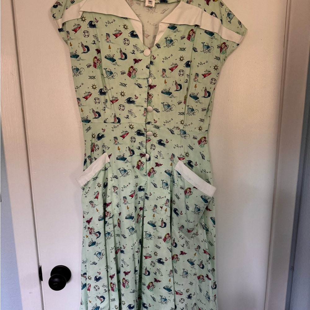 Vintage Style Green Dress with Nautical Print